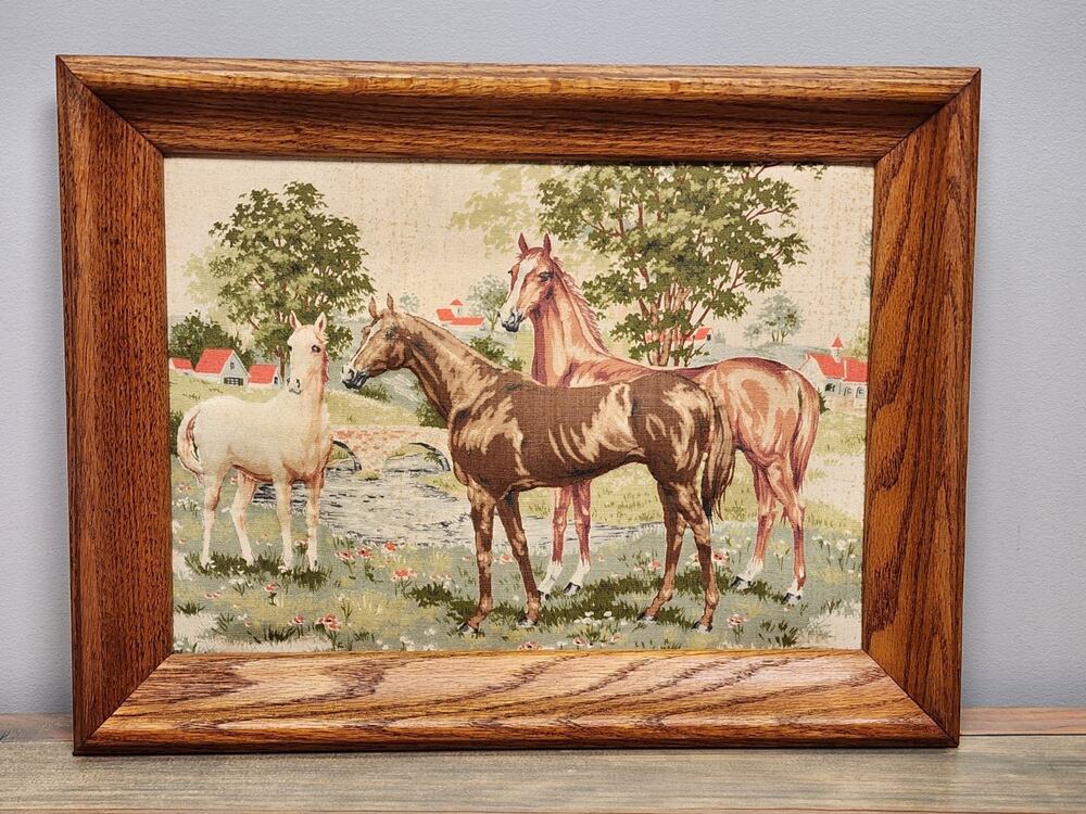 Vintage TRAPUNTO 3D Equestrian Art Linen Horses MCM Farm Scene Oak Frame USA